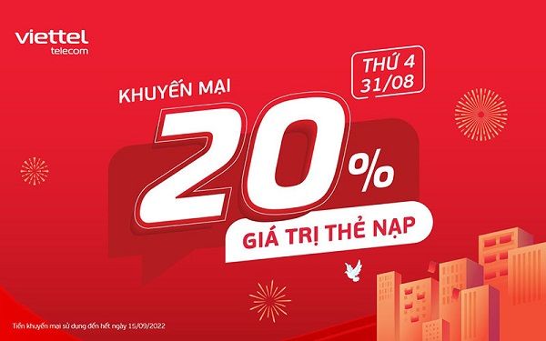 KHUYẾN MÃI VIETTEL 20% NGÀY CUỐI CÙNG THÁNG 8